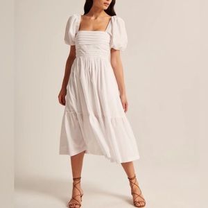 Abercrombie Ruched Puff Sleeve Poplin Midi Dress